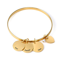 Cargar imagen en el visor de la galería, Pulsera / Bracelete con Colgantes Redondso y Corazón Grabados en Plata 925 / Cobre Chapado en Oro / Oro Rosa S0028 Personalizada Grabada con Texto Nombre