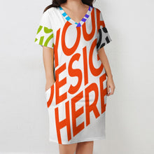 Cargar imagen en el visor de la galería, Vestido suelto con cuello en V bolsillo de moda para mujer LQ Personalizada con Impresión Completa de múltiples imágenes con Foto Logo Patrón Texto