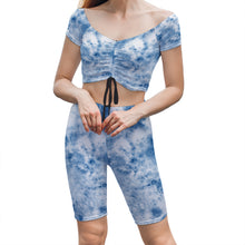 Cargar imagen en el visor de la galería, Conjunto de Top Deportivo de Yoga Manga Corta y Pantalones Cortos para Mujer Y03 Personalizado con Impresión Completa de Dos Imágenes con Foto Logo Patrón Texto