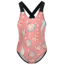 Cargar imagen en el visor de la galería, Bañador de Una Pieza con Estampado de Concha Correas Cruzadas para Niñas NT018 Personalizado con Foto Logo Patrón Texto
