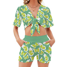 Cargar imagen en el visor de la galería, Camiseta corta pantalones cortos conjunto con lazo sexy para mujer GTZ Personalizada con Impresión Completa de múltiples imágenes con Foto Logo Patrón Texto