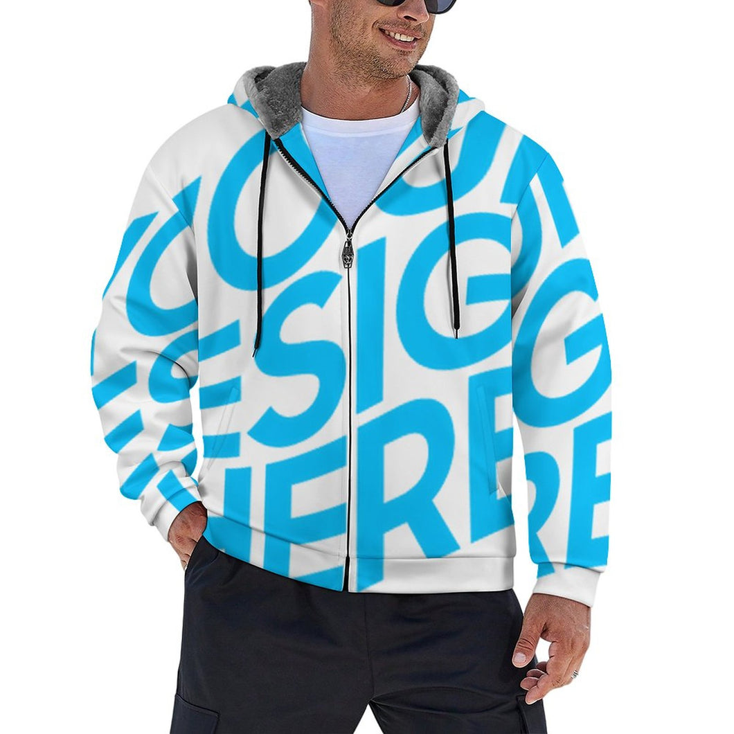 Chaqueta con capucha de felpa de doble capa para hombre, chaqueta con capucha y cremallera frontal personalizado con patrón foto texto (impresión de imagen única)