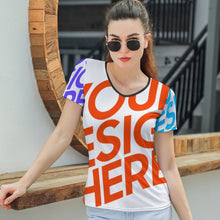 Cargar imagen en el visor de la galería, Camiseta de moda suave cuello en V manga corta para mujer T01 Personalizada con Impresión Completa de múltiples imágenes con Foto Logo Patrón Texto