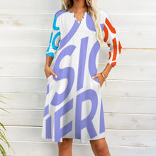 Cargar imagen en el visor de la galería, Vestido Elegante de Manga 3/4 con Volantes Cuello de Pico Bolsillo para Mujer BNQ Personalizado Impresion Completa de Múltiples Imágenes con Foto Logo Patrón Texto