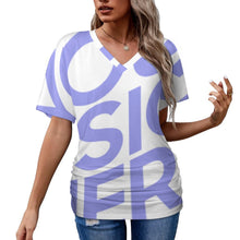 Cargar imagen en el visor de la galería, Camiseta Plisada Estampada de Moda de Manga Corta Cuello en V para Mujer BHT Personalizada Impresion Completa de Una Imagen con Foto Logo Patrón Texto