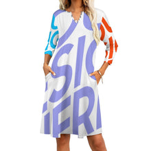 Cargar imagen en el visor de la galería, Vestido Elegante de Manga 3/4 con Volantes Cuello de Pico Bolsillo para Mujer BNQ Personalizado Impresion Completa de Múltiples Imágenes con Foto Logo Patrón Texto