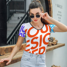 Cargar imagen en el visor de la galería, Camiseta de moda suave cuello en V manga corta para mujer T01 Personalizada con Impresión Completa de múltiples imágenes con Foto Logo Patrón Texto