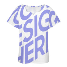 Cargar imagen en el visor de la galería, Camiseta manga corta escote ancho irregular de moda para mujer BBT Personalizada con Impresión Completa de una imagen con Foto Logo Patrón Texto