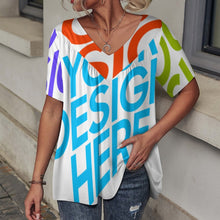Cargar imagen en el visor de la galería, Camiseta de manga corta con cuello en V volante suelto para mujer BDT Personalizada con Impresión Completa de múltiples imágenes con Foto Logo Patrón Texto