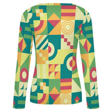 Cargar imagen en el visor de la galería, Women's Square Neck Long Sleeved Shirt Green, Puzzle, Abstract Pattern
