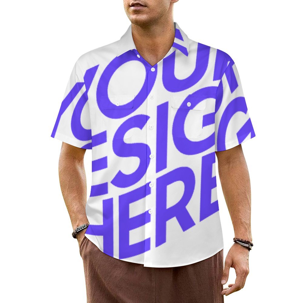 Camisa de hombre de manga corta con solapa LM056 y bolsillos con doble solapa personalizado con patrón foto texto