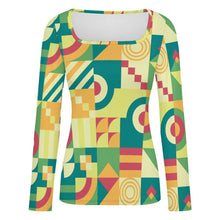 Cargar imagen en el visor de la galería, Women's Square Neck Long Sleeved Shirt Green, Puzzle, Abstract Pattern
