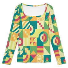 Cargar imagen en el visor de la galería, Women's Square Neck Long Sleeved Shirt Green, Puzzle, Abstract Pattern
