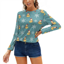 Cargar imagen en el visor de la galería, Women's Long Sleeve Shirt Merry Christmas Santa Duck Snowflake Blue
