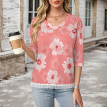 Cargar imagen en el visor de la galería, Camiseta de manga media con escote en V y ribete de encaje Mujer SDS2513 Personalizadas con Impresión Completa de una imagen con Foto Logo Patrón Texto
