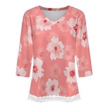 Cargar imagen en el visor de la galería, Camiseta de manga media con escote en V y ribete de encaje Mujer SDS2513 Personalizadas con Impresión Completa de una imagen con Foto Logo Patrón Texto
