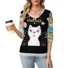 Cargar imagen en el visor de la galería, Camiseta de manga media con escote en V y ribete de encaje Mujer SDS2513 Personalizadas con Foto Logo Patrón Texto (impresión de imágenes múltiples)
