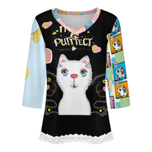 Cargar imagen en el visor de la galería, Camiseta de manga media con escote en V y ribete de encaje Mujer SDS2513 Personalizadas con Foto Logo Patrón Texto (impresión de imágenes múltiples)
