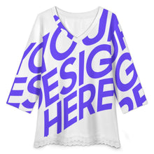 Cargar imagen en el visor de la galería, Camiseta de manga media con escote en V y ribete de encaje Mujer SDS2513 Personalizadas con Impresión Completa de una imagen con Foto Logo Patrón Texto
