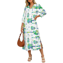 Cargar imagen en el visor de la galería, Collar Shirt Long Skirt Guitar, Music, Notes, Green
