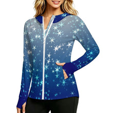 Cargar imagen en el visor de la galería, Sunscreen Hooded Long Sleeved Jacket Stars, Blue, Gradients
