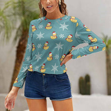 Cargar imagen en el visor de la galería, Women's Long Sleeve Shirt Merry Christmas Santa Duck Snowflake Blue
