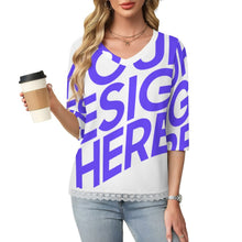 Cargar imagen en el visor de la galería, Camiseta de manga media con escote en V y ribete de encaje Mujer SDS2513 Personalizadas con Impresión Completa de una imagen con Foto Logo Patrón Texto
