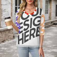 Cargar imagen en el visor de la galería, Camiseta de manga media con escote en V y ribete de encaje Mujer SDS2513 Personalizadas con Foto Logo Patrón Texto (impresión de imágenes múltiples)

