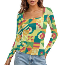 Cargar imagen en el visor de la galería, Women's Square Neck Long Sleeved Shirt Green, Puzzle, Abstract Pattern
