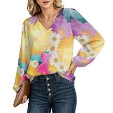Cargar imagen en el visor de la galería, V-neck Lantern Long-sleeved Top Bright Flowers
