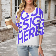 Cargar imagen en el visor de la galería, Camiseta de manga media con escote en V y ribete de encaje Mujer SDS2513 Personalizadas con Impresión Completa de una imagen con Foto Logo Patrón Texto
