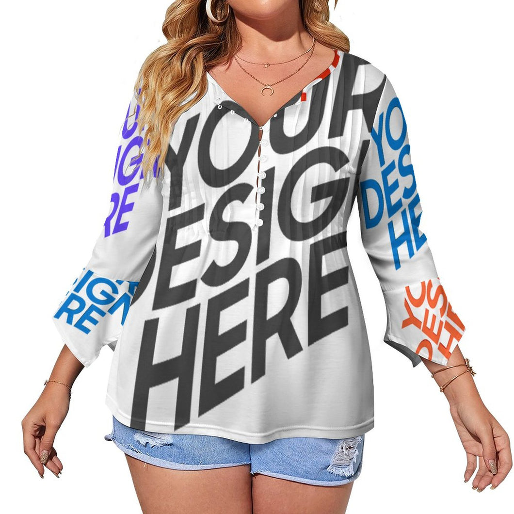 Camisa de mujer de manga larga SDS20150 con diez botones y mangas de pétalos con volantes personalizado con patrón foto texto (impresión de imágenes múltiples)