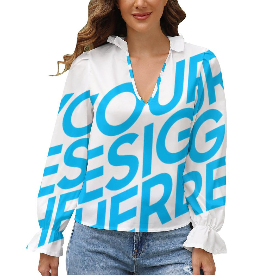 Blusa Larga Manga Abullonada Camisa con Farol de Moda para Mujer GS Personalizada con Impresión Completa de una imagen con Foto Logo Patrón Texto