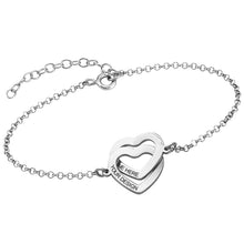 Cargar imagen en el visor de la galería, Pulsera de plata de ley 925 longitud ajustable de corazón doble para mujer S0012 chapada de oro rosa de 18 quilates Personalizada Grabada con Texto Nombre
