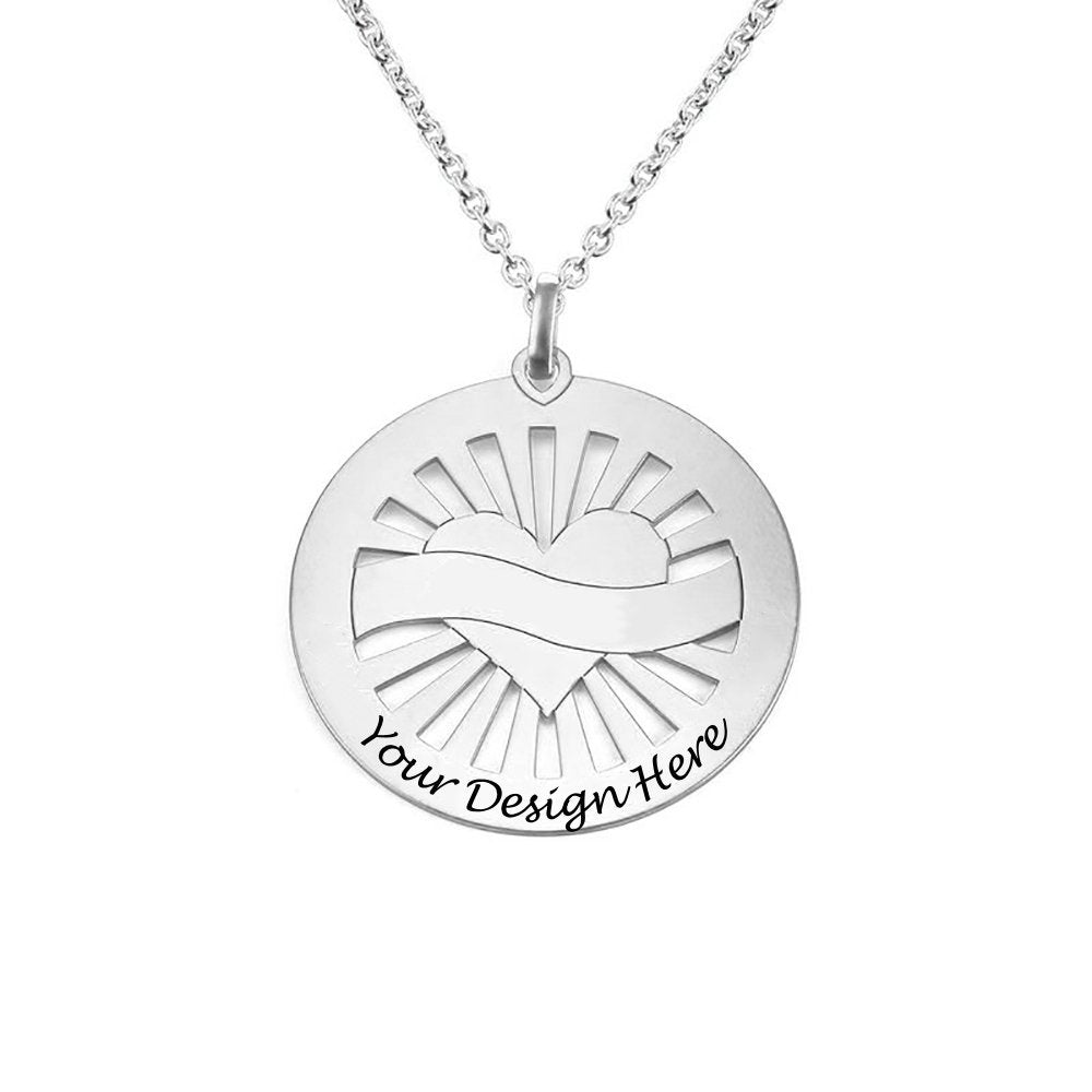 Collar Grabado de Colgante Redondo Corazón para Mujer X0082 Personalizado con Texto Nombre en Plata de Ley 925 / Cobre Bañado Oro Rosa
