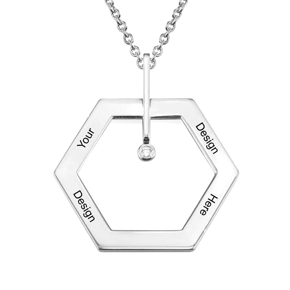 Collar hexagonal con Diamante en Plata de Ley 925 / Cobre X0014 Grabado Personalizado con Texto Nombre
