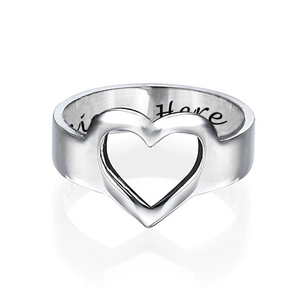 Anillo Corazón Calado de Plata de Ley 925 para Mujer J0022 Grabado Personalizado con Texto Nombre