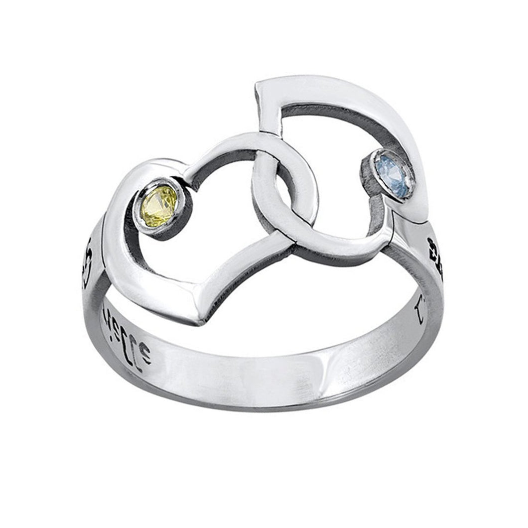Anillo de cobre para mujer hombre / anillo de corazón entrelazado grabado con circonita cúbica azul amarilla J0004 Personalizado