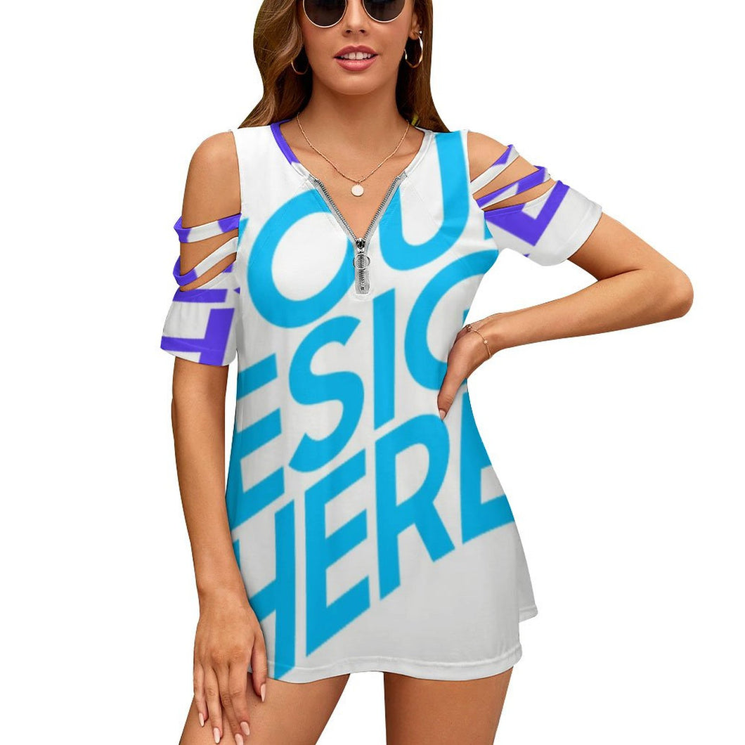 Blusa / camiseta con cremallera y hombros descubiertos para mujer BE Personalizada con impresión completa de múltiples imágenes con Foto Logo Patrón Texto