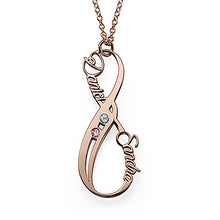 Cargar imagen en el visor de la galería, Collar Personalizado con Infinito Piedra Natal X0034 con texto nombre para mujer Longitud Ajustable en plata de ley 925 chapado de oro rosa de 18K
