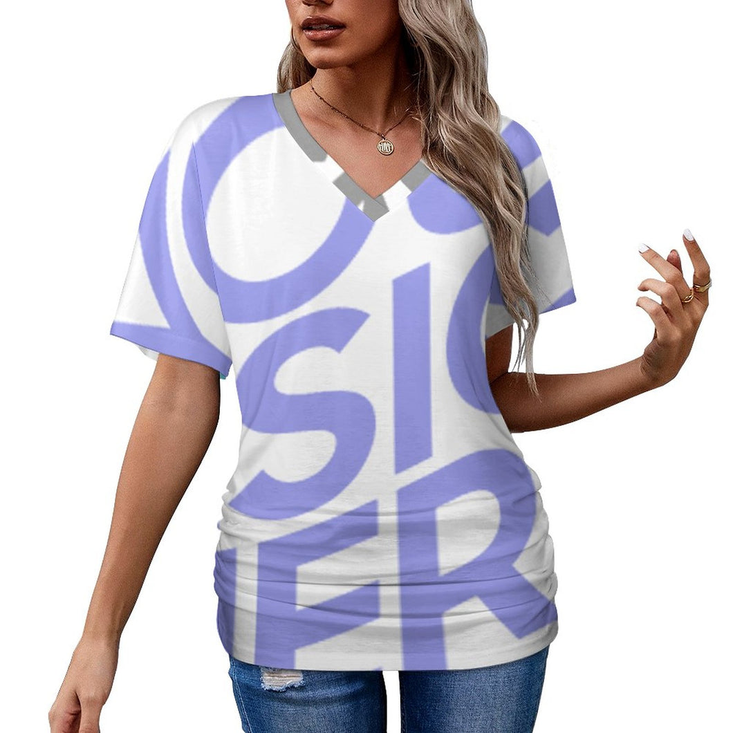 Camiseta Plisada Sexy con Cuello de Pico Manga Corta para Mujer BHT Personalizada Impresion Completa de Múltiples Imágenes con Foto Logo Patrón Texto