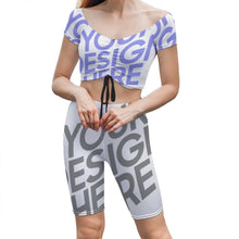 Cargar imagen en el visor de la galería, Conjunto de Top Deportivo de Yoga Manga Corta y Pantalones Cortos para Mujer Y03 Personalizado con Impresión Completa de Dos Imágenes con Foto Logo Patrón Texto
