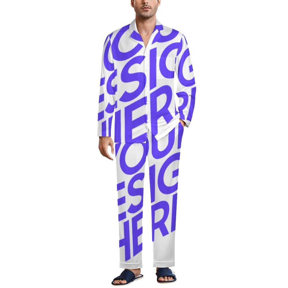 Conjunto de pijama de hombre de 2 piezas de manga larga imitación algodón personalizado con patrón foto texto (impresión de imagen única)