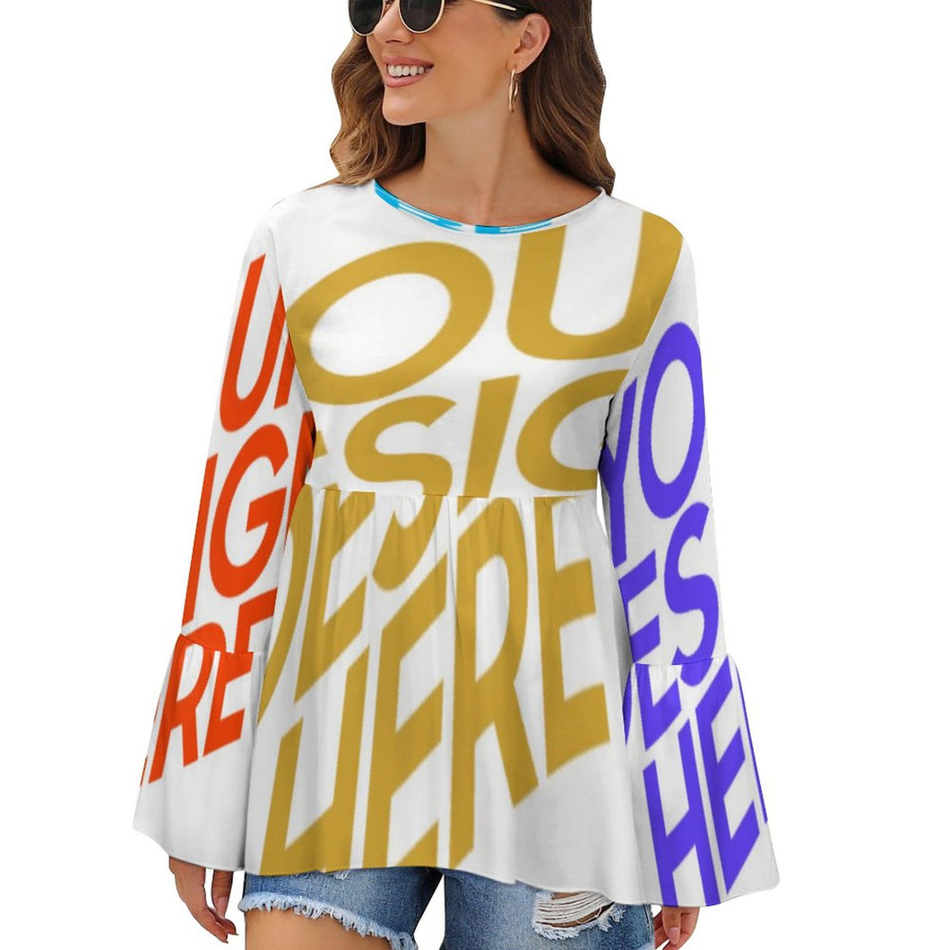 Blusa / Camiseta con volantes dobladillo irregular cuello redondo manga larga PL Personalizada con Impresión Completa de múltiples imágenes con Foto Logo Patrón Texto