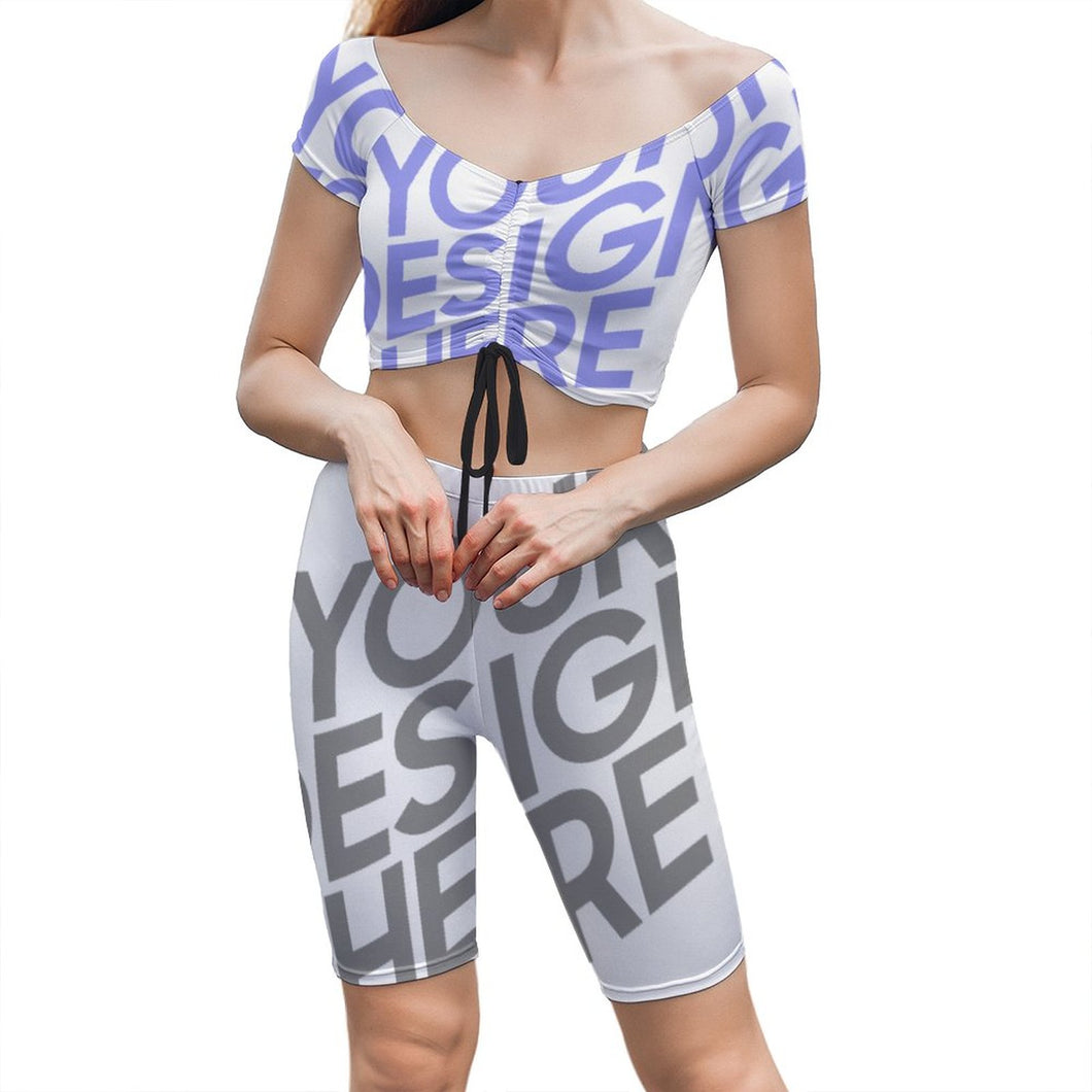 Conjunto de Top Deportivo de Yoga Manga Corta y Pantalones Cortos para Mujer Y03 Personalizado con Impresión Completa de Dos Imágenes con Foto Logo Patrón Texto