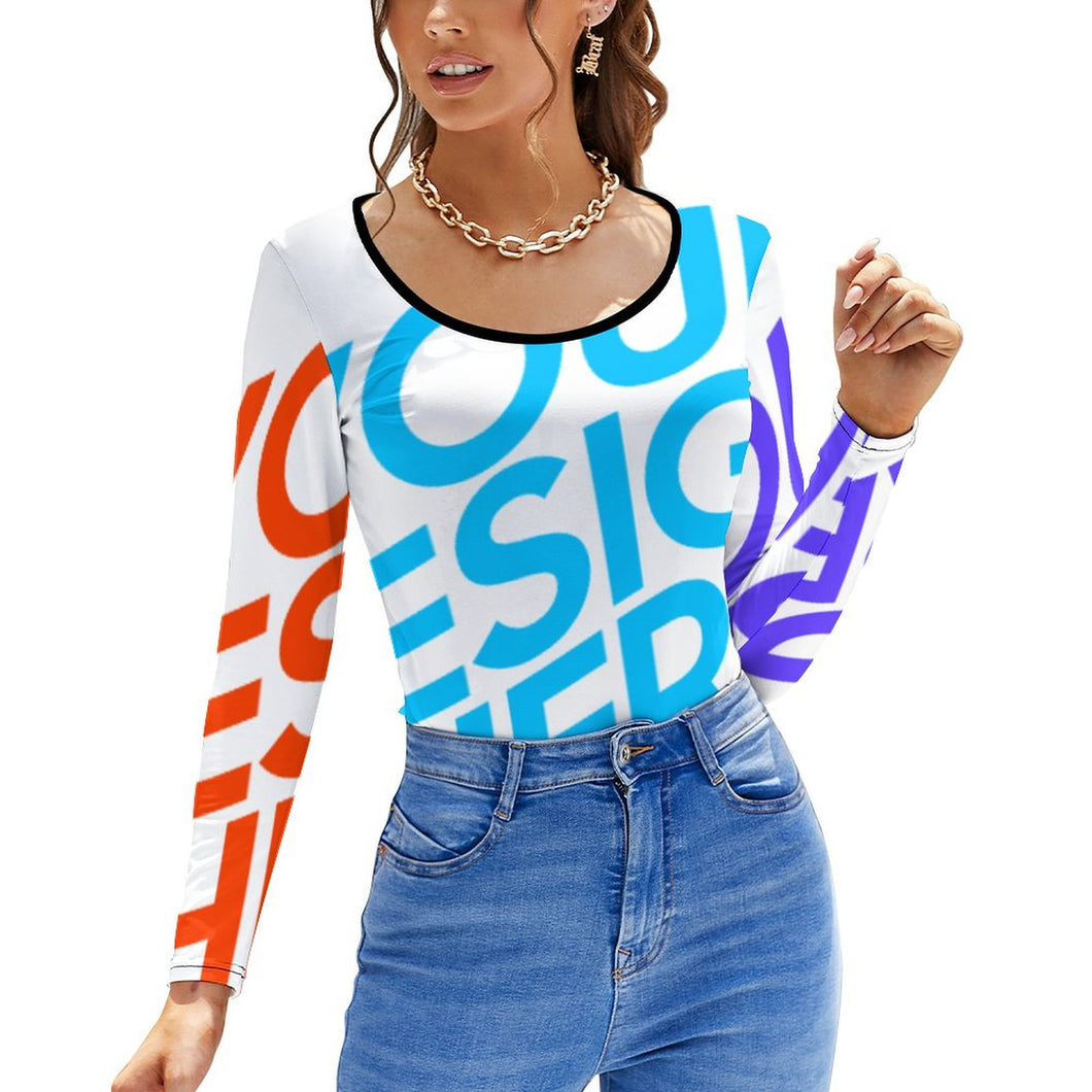Blusa básica de fondo regular con cuello en U grande para mujer NZ151 Personalizada con Impresión Completa de múltiples imágenes con Foto Logo Patrón Texto