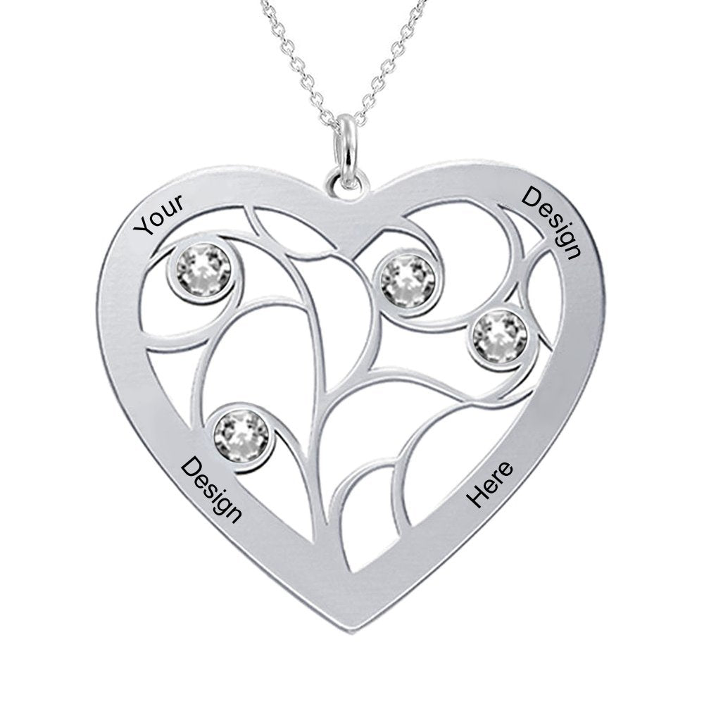 Collar de Árbol de Vida en Forma de Corazón con Piedras de Nacimiento en Plata de Ley 925 / Cobre X0003 Grabado Personalizado con Texto Nombre