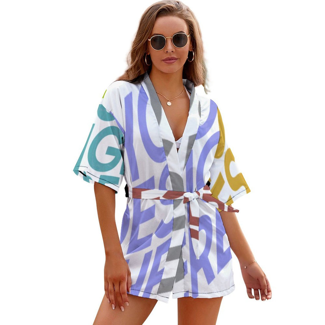 Bata Kimono Corta Pijama Ropa de Dormir Suave para Mujer JJ1210 Personalizada con Impresión Completa de múltiples imágenes con Foto Logo Patrón Texto
