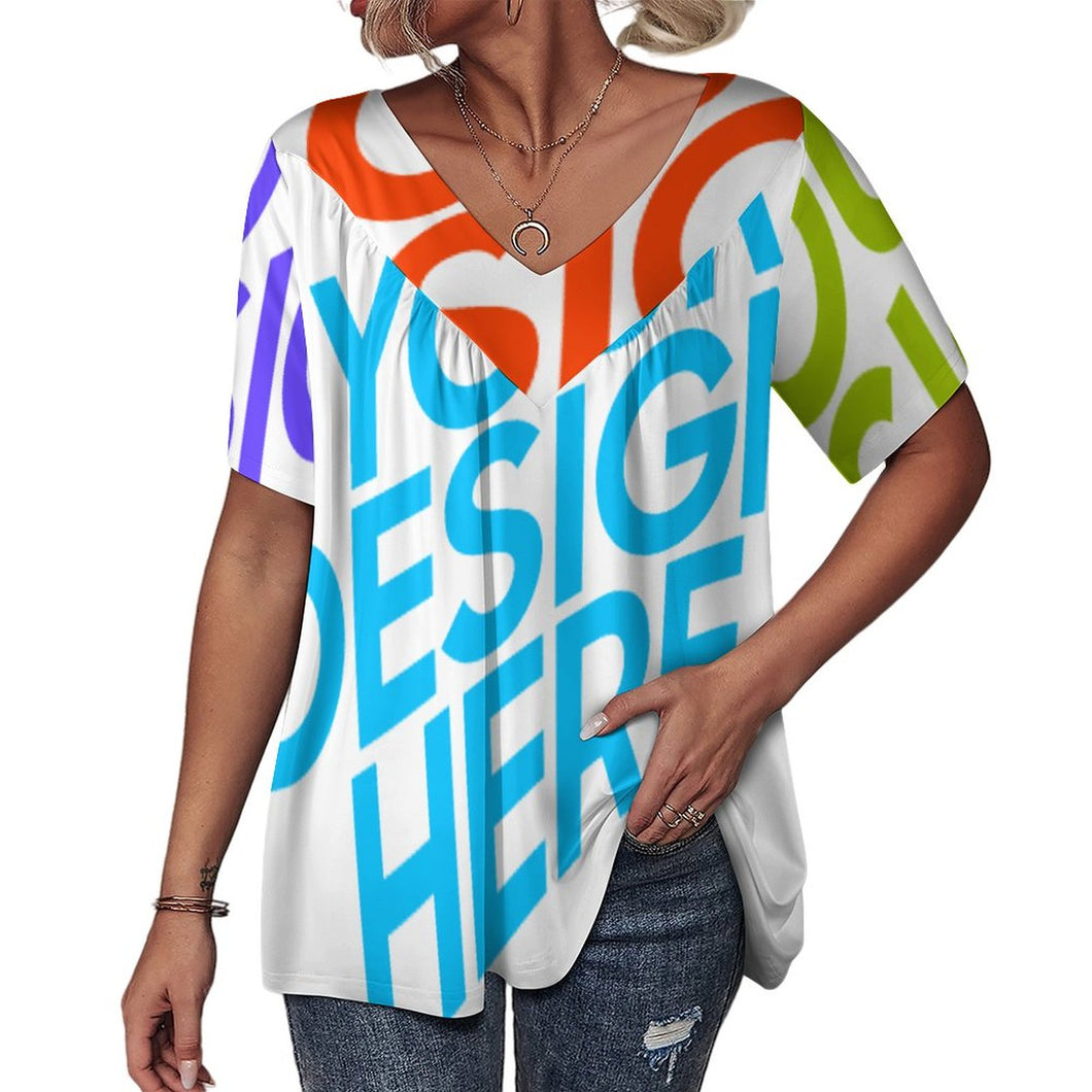 Camiseta de manga corta con cuello en V volante suelto para mujer BDT Personalizada con Impresión Completa de múltiples imágenes con Foto Logo Patrón Texto