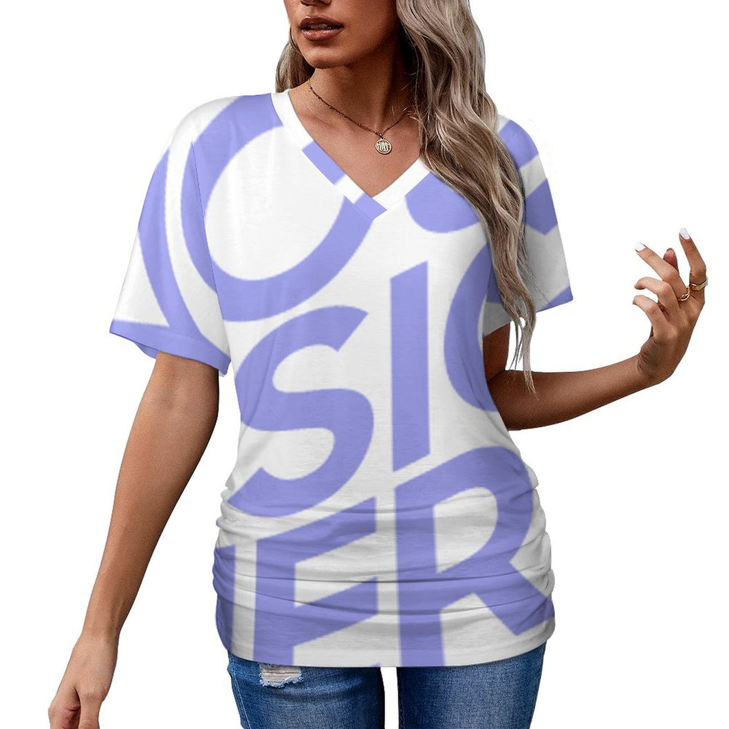 Camiseta Plisada Estampada de Moda de Manga Corta Cuello en V para Mujer BHT Personalizada Impresion Completa de Una Imagen con Foto Logo Patrón Texto
